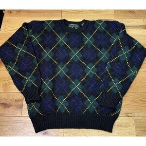 Embassy Row Sweater Men Large Pullover Wool Knit Argyle Vintage Blue‎ Green